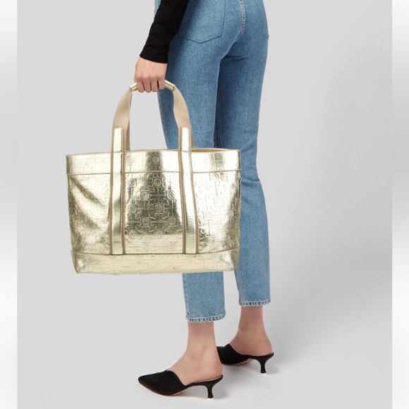 Tory Burch Golden Metallic Travel Tote Bag leather embossed logo lined - Picture 16 of 16